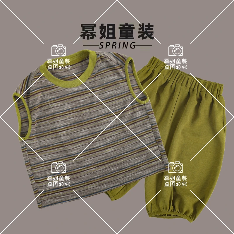 【条纹控】幂姐原创夏季新品儿童时尚潮简约百搭无袖条纹上衣8297