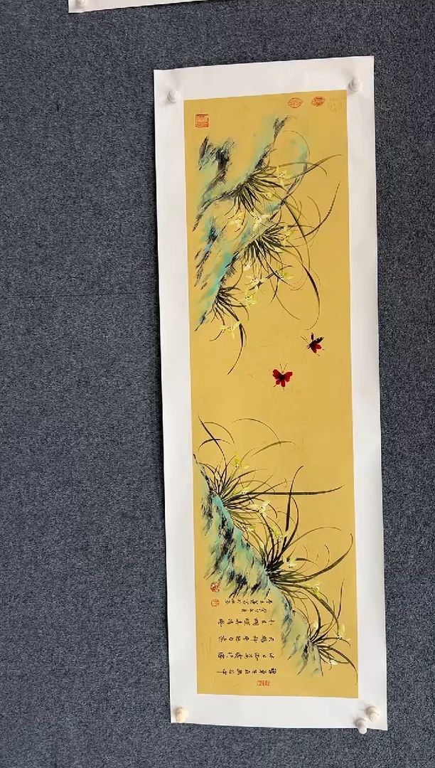 【闪购商品】绘画801-LYL-6尺对开金底-兰花双蝴蝶