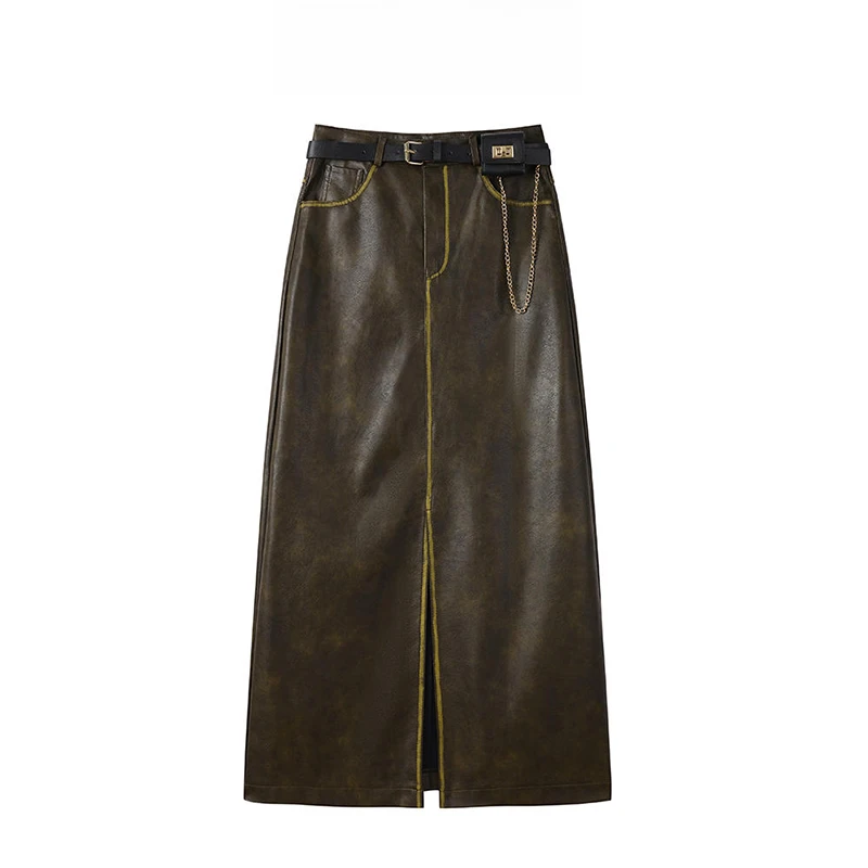 秋季新款女时尚复古长款开叉包臀半身裙气质高腰显瘦显瘦a字皮裙