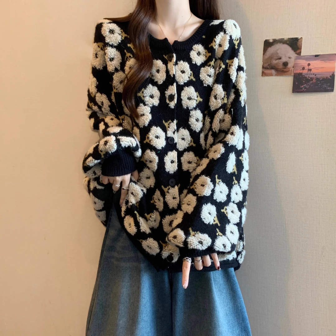 立体花朵刺绣正肩针织开衫女2025春秋新款大码胖MM中长款毛衣外套