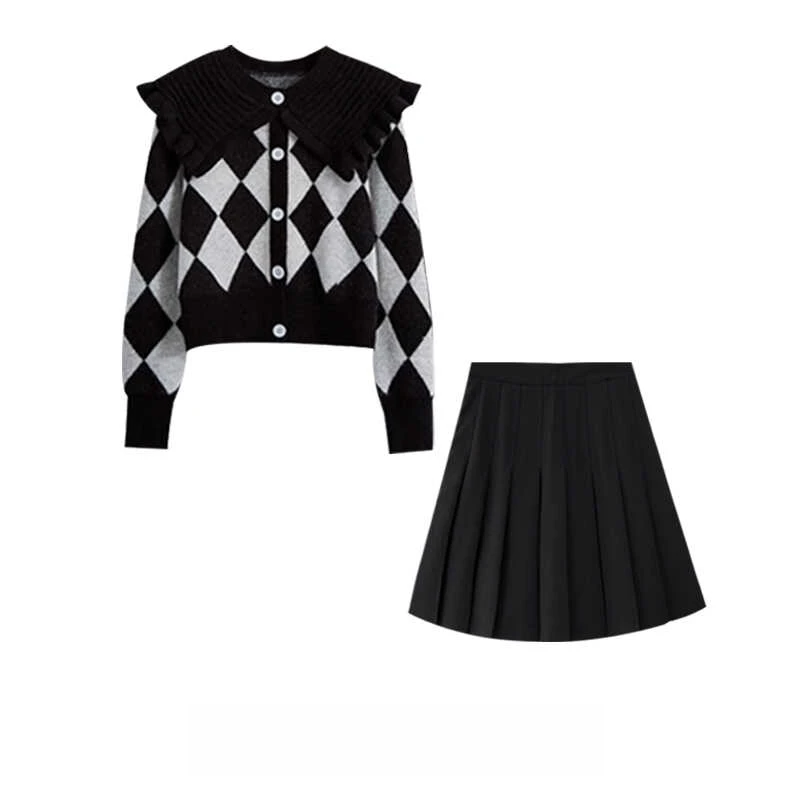 秋季穿搭一整套女款2025新款针织开衫毛衣搭配显瘦百褶短裙两件套