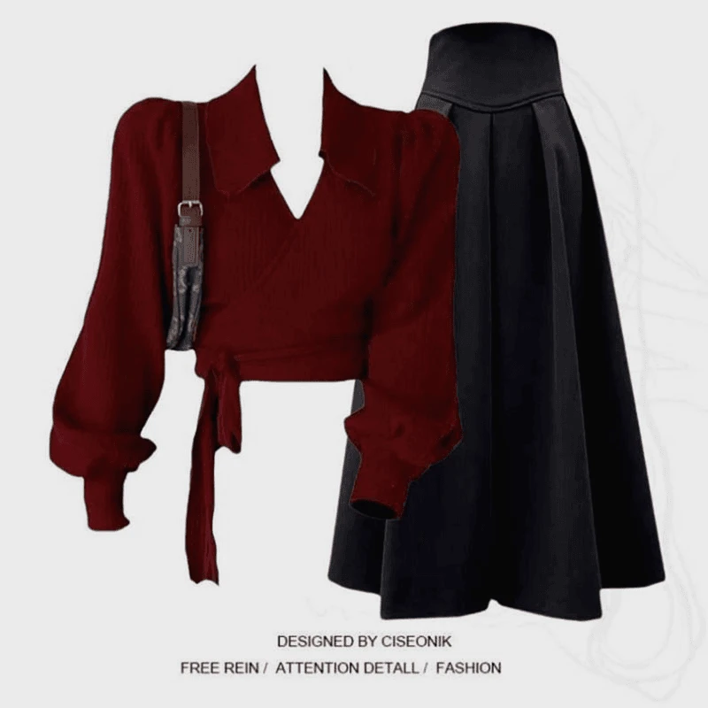 复古港风穿搭2025新款polo领红色针织毛衣配显瘦休闲半身裙两件套