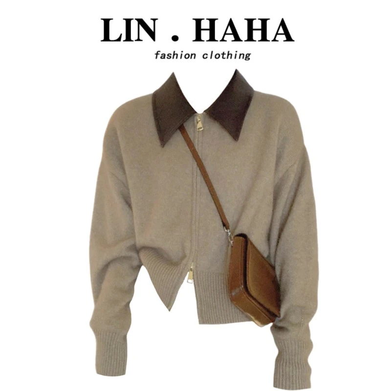 大码秋季胖妹妹美拉德复古拼接翻领长袖毛衣上衣女宽松显瘦针织衫