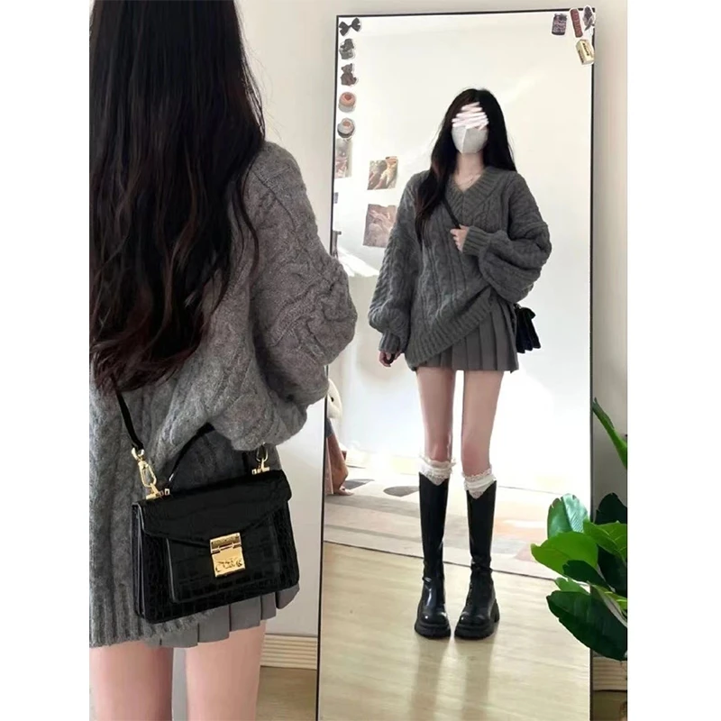 秋季可甜可盐穿搭高级感小个子炸街慵懒风麻花毛衣百褶裙两件套装