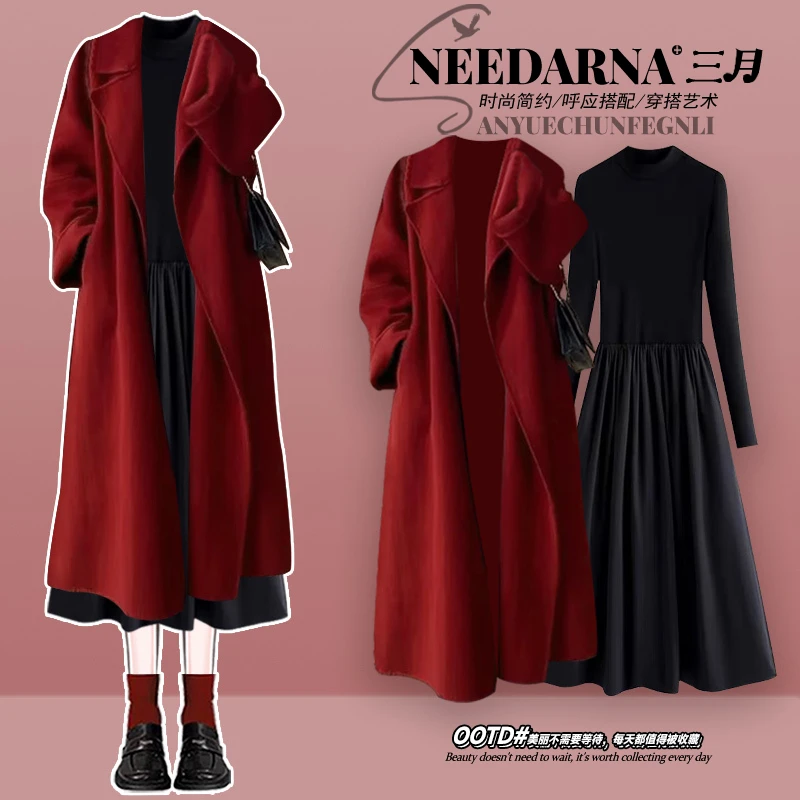 新年战袍红色针织保暖翻领大衣冬季圣诞穿搭小香风打底套头连衣裙