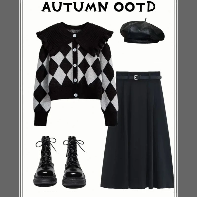 6500#秋季新款学院风格子针织开衫毛衣显瘦半身裙温柔韩系两件套