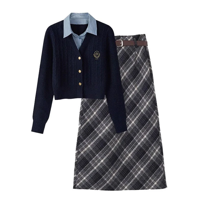 秋季套装女2025新款大码时尚学院风假两件针织衫格纹半身裙两件套