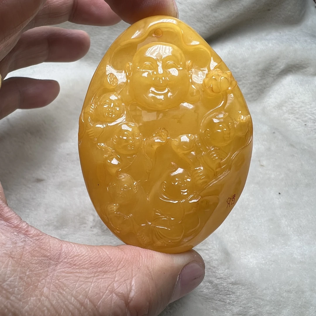 好玉易0223五子闹佛琥珀蜜蜡吊坠挂件弥勒佛手工精雕孤品鸡油黄
