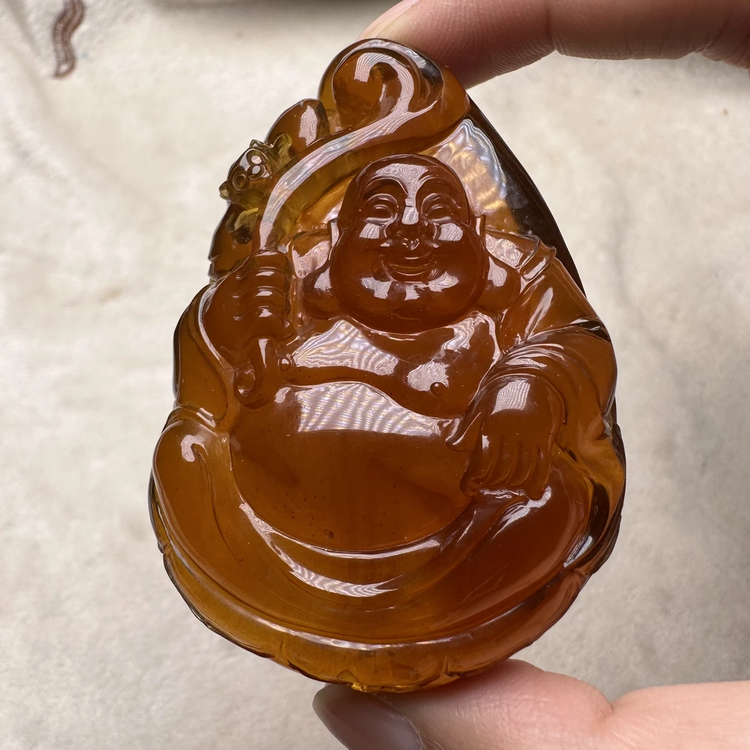 【好玉易】B033弥勒佛缅甸琥珀精雕孤品吊坠挂件手工雕刻女款配饰
