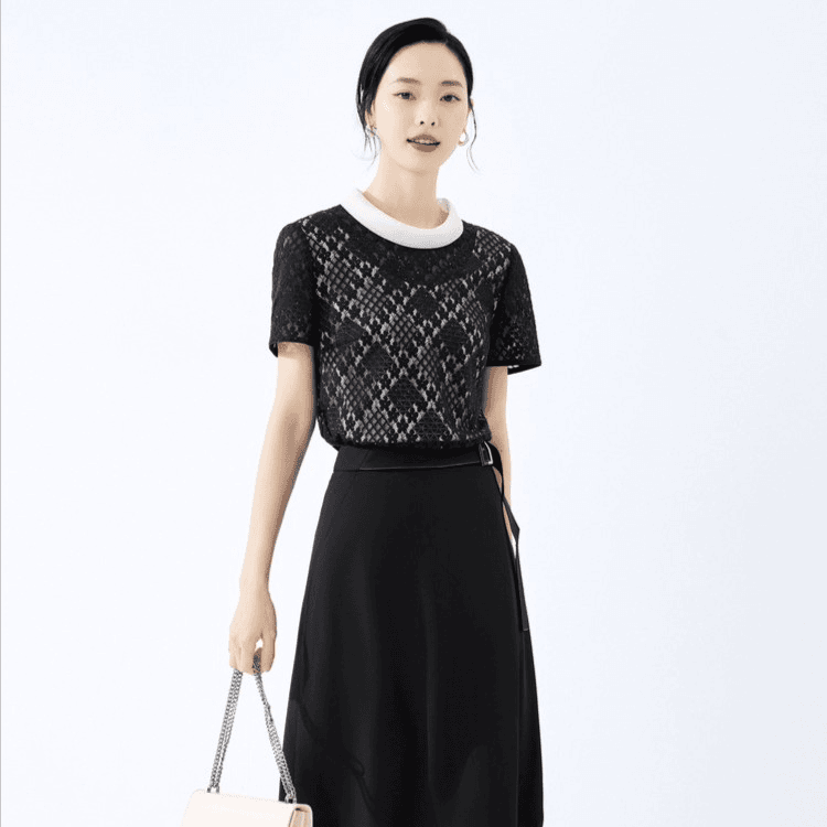 NAERSI/娜尔思复古优雅蕾丝刺绣立领小衫夏新短袖t恤女ND03857Q7