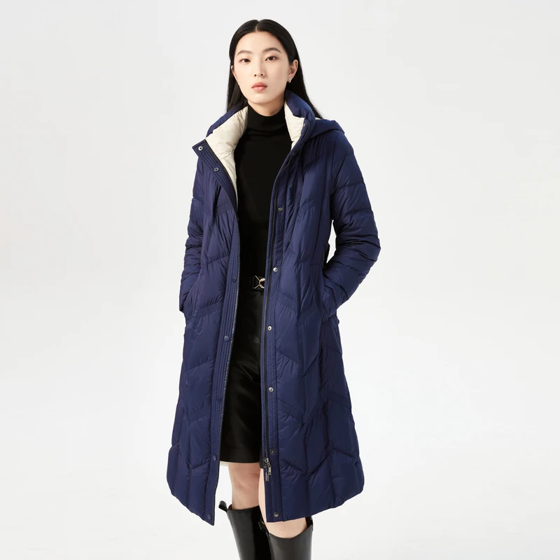 娜尔思时尚菱格鹅绒连帽羽绒女2024冬装新防寒长款外套LR00281Q7