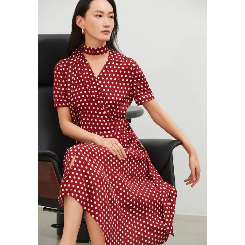 娜尔思.灵时尚V领波点连衣裙女24早秋装气质裙子LF05551A8