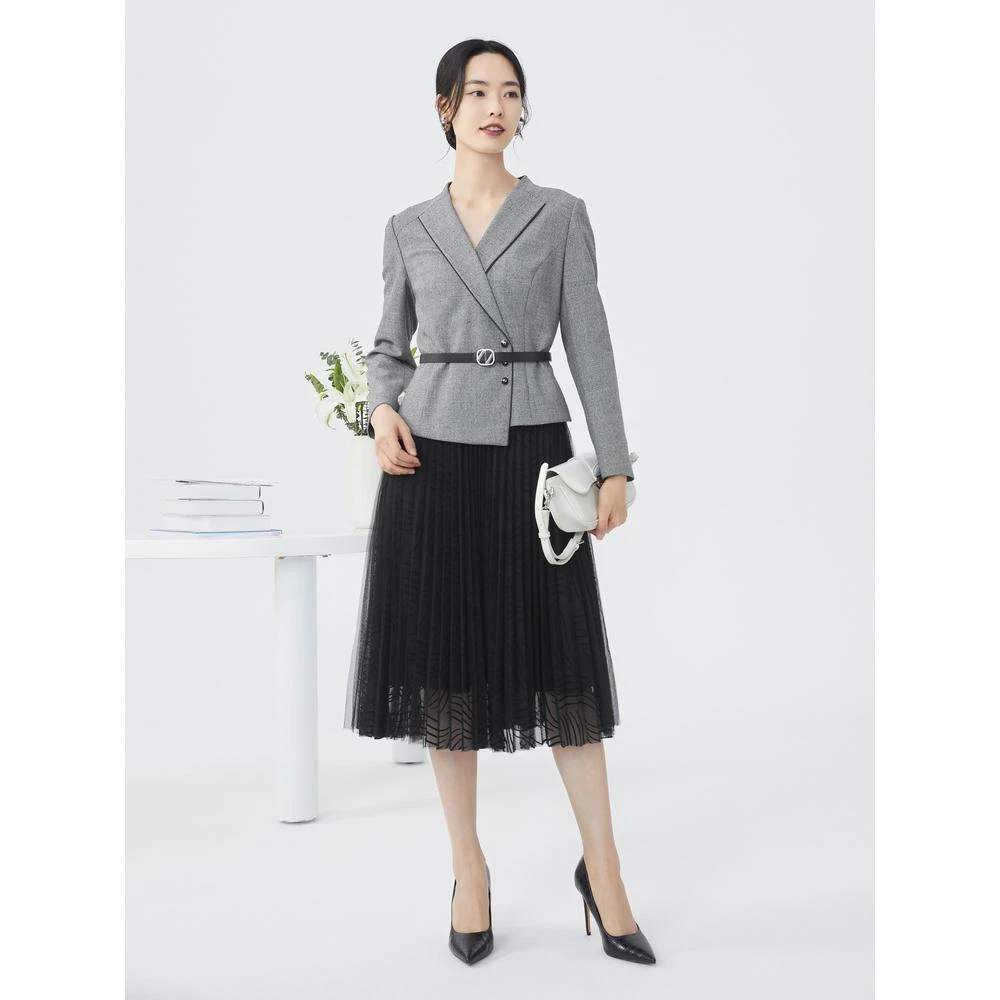 娜尔思羊毛腰带收腰西装连衣裙女24秋气质款网纱裙NF07955X1