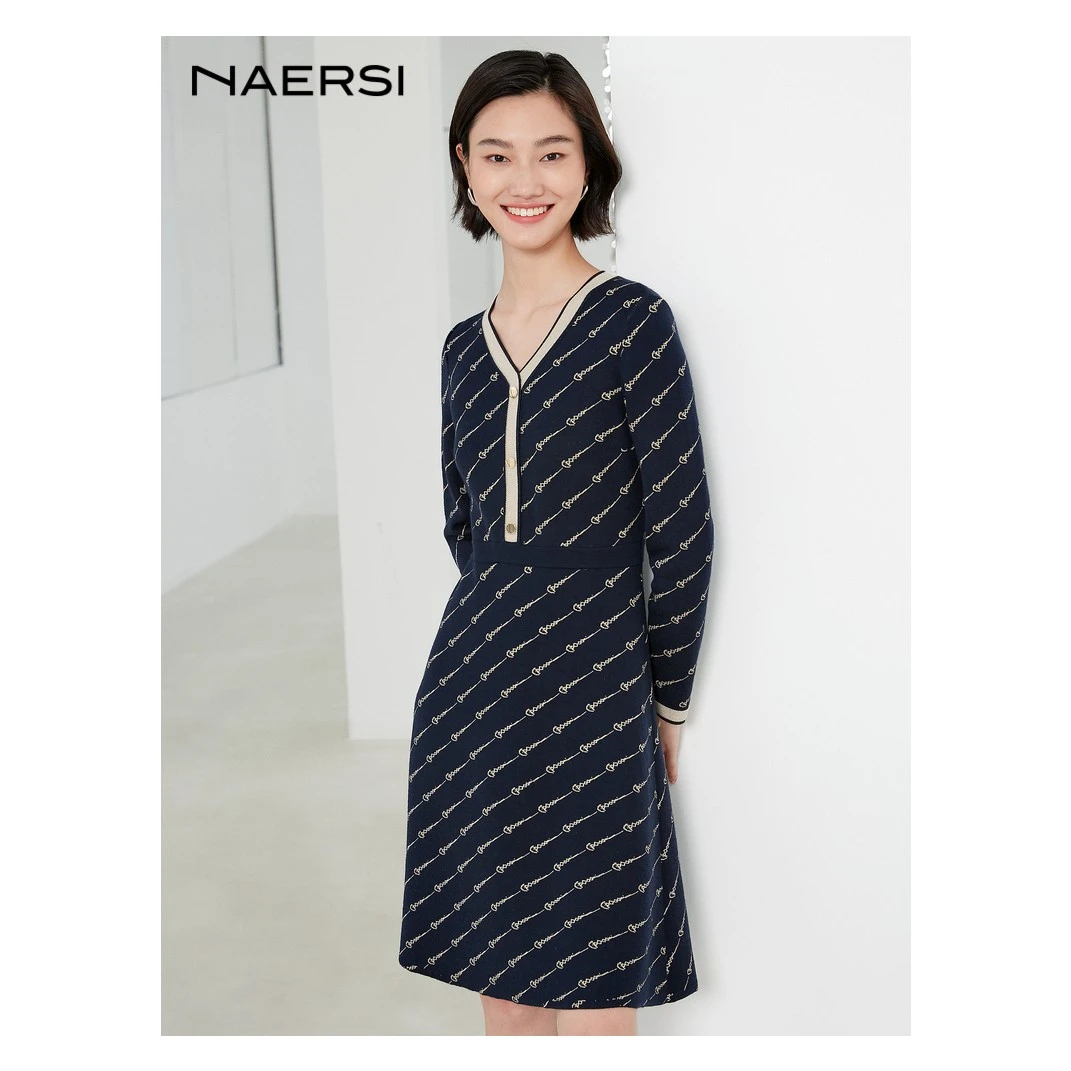 娜尔思文艺条纹撞色v领针织连衣裙女秋冬气质新款羊毛裙NF05798Q7