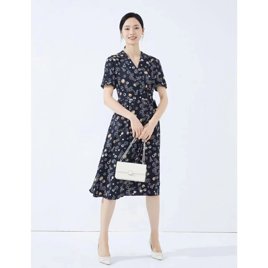 娜尔思法式复古印花连衣裙女23春夏新款气质收腰连衣裙NF06125Q7