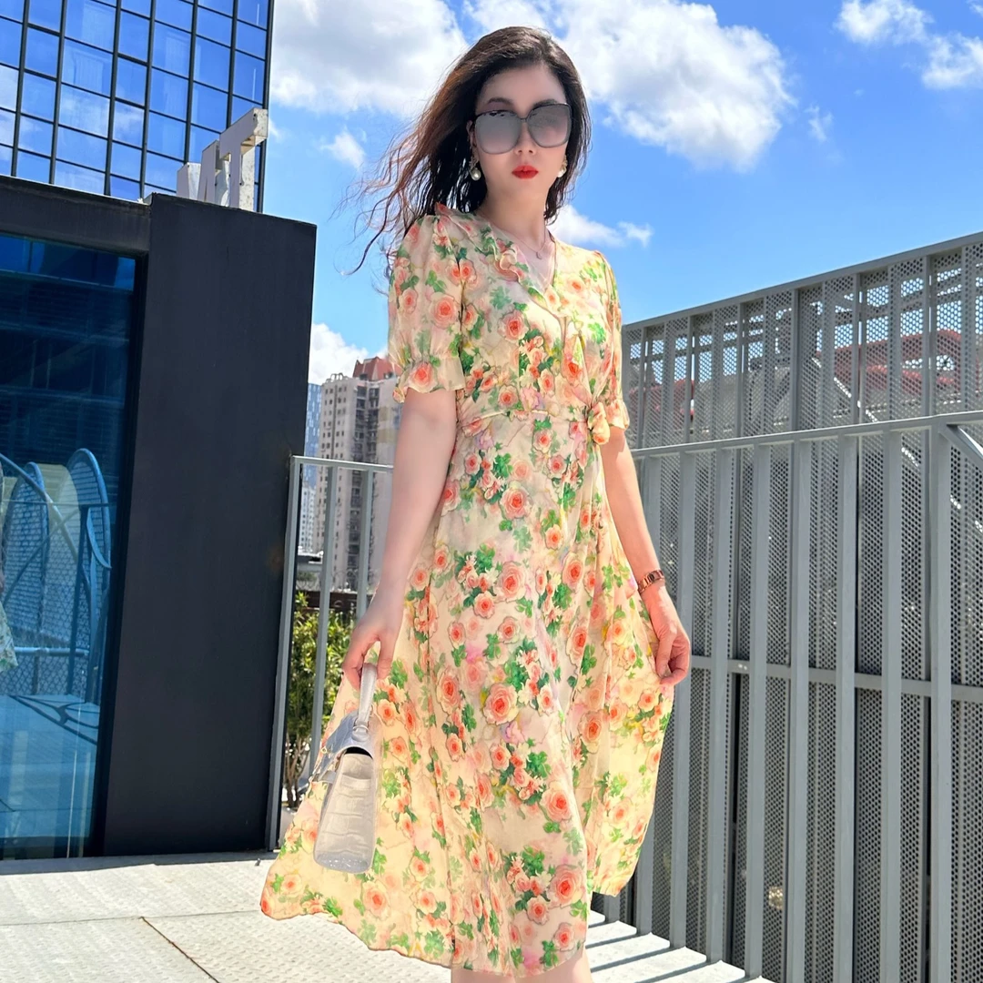 100桑蚕丝收腰显瘦显高连衣裙时尚夏季中长款碎花甜美温柔