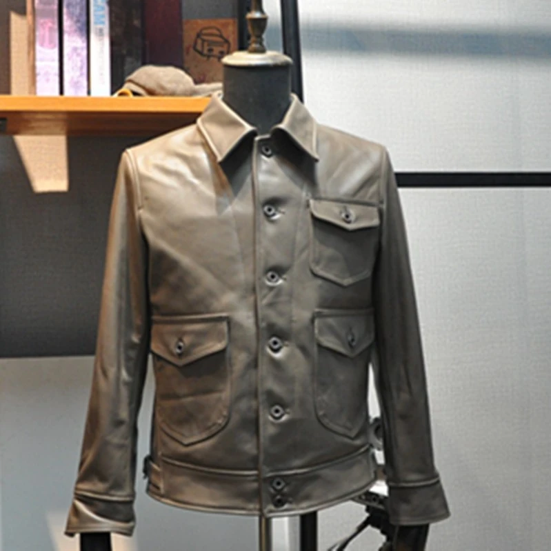 西出玉门款！浅烟草色黄牛皮真皮皮衣男三兜翻领扣子版皮夹克