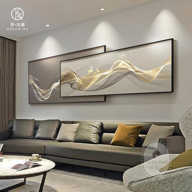 梦染墨极简抽象沙发背景墙装饰画现代黑白线条壁画横版叠加客挂画