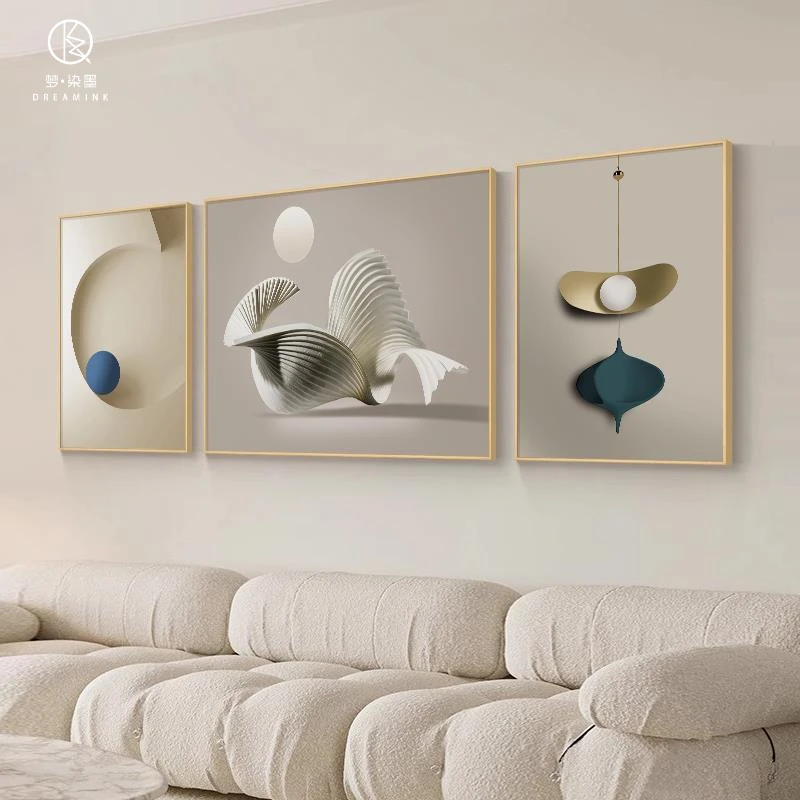 梦染墨沙发背景墙装饰画客厅大气奶油风抽象艺术高级感三联壁挂画