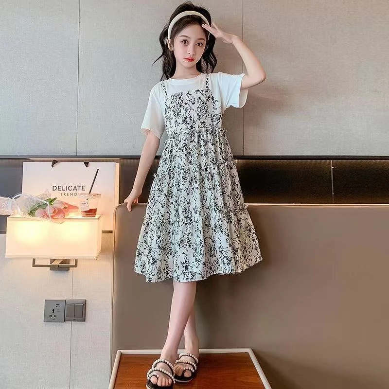 女童碎花裙假两件中大童一体夏季新款碎花裙洋气甜美过膝长裙超仙