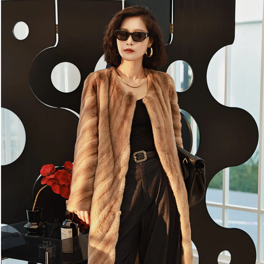 【洒脱人生】母貂圆领长款水貂大衣衣长120