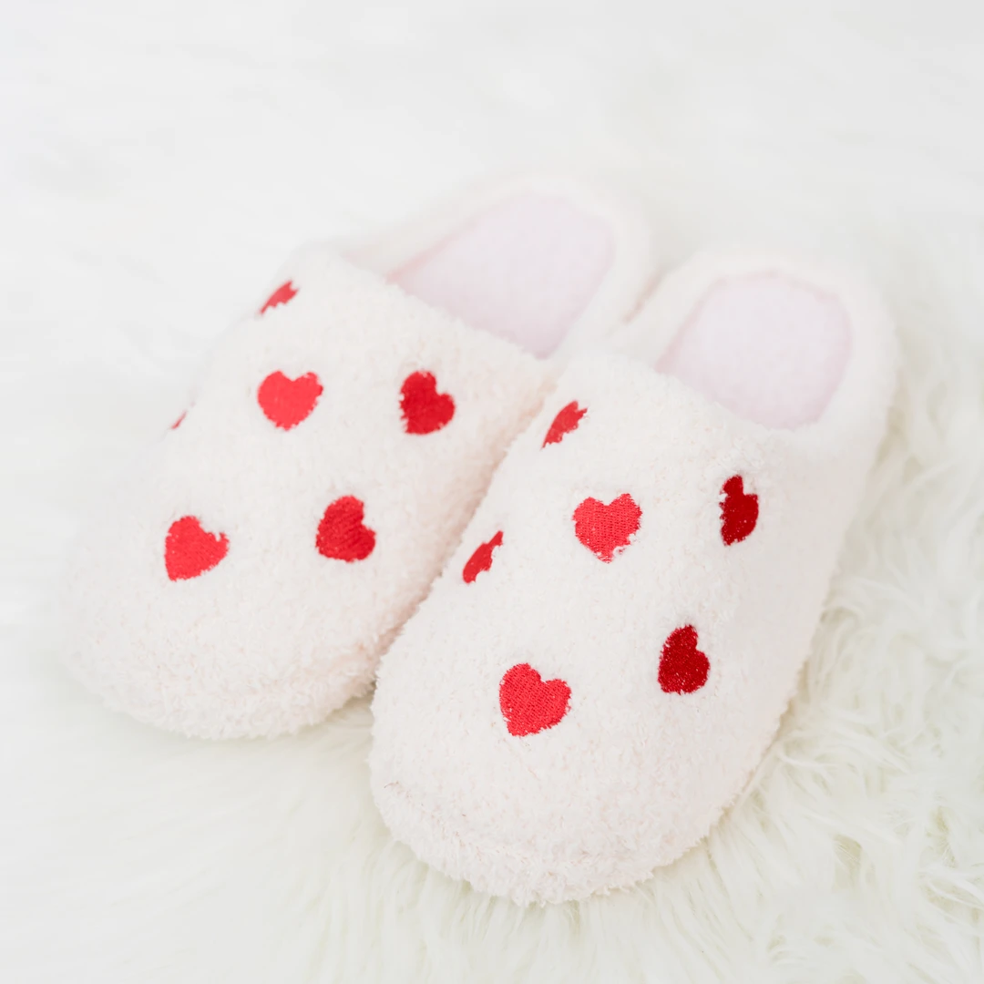 春季女士白色绒面小爱心女士防滑保暖棉拖鞋