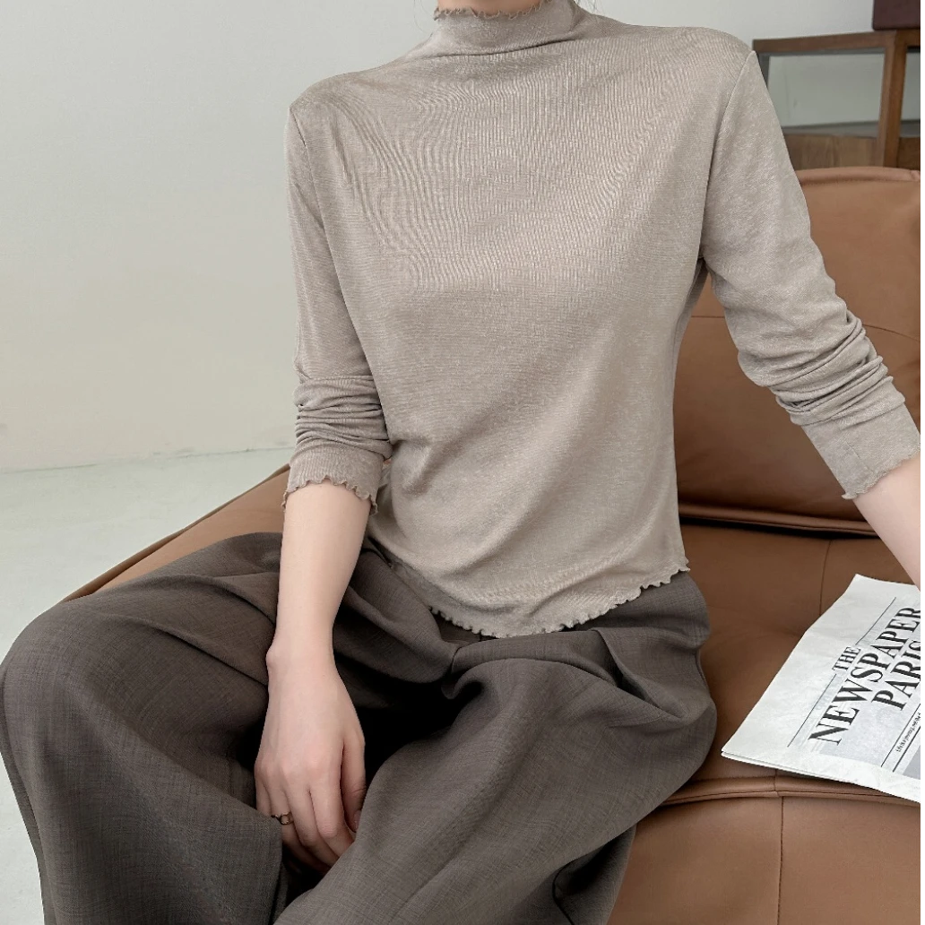 2025新款莱赛尔天丝木耳边简约小众设计透气舒适亲肤蜡染打底衫