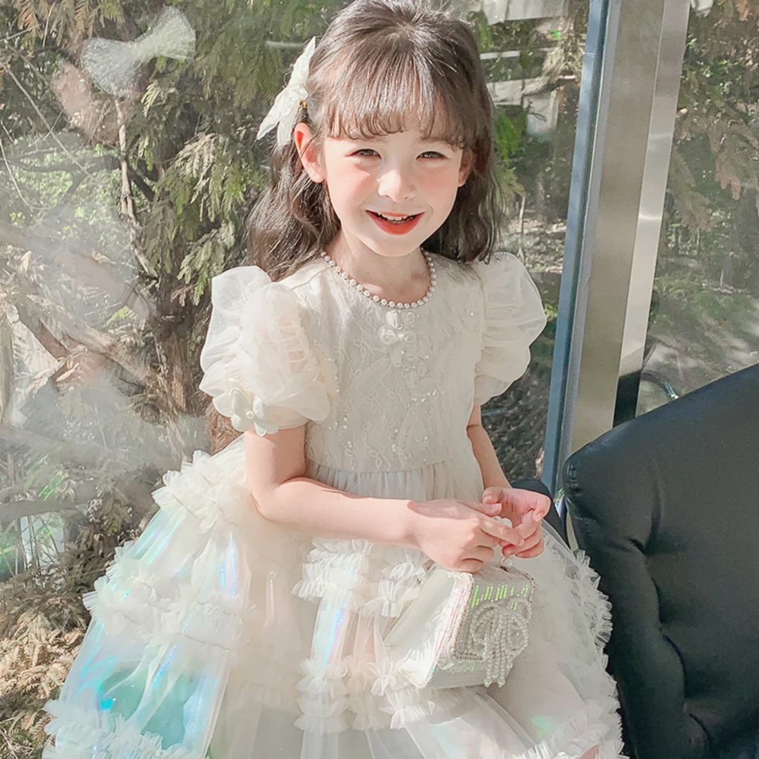 【QX】尤画2024原创设计新款夏季洋气女童夏装泡泡袖连衣裙66302