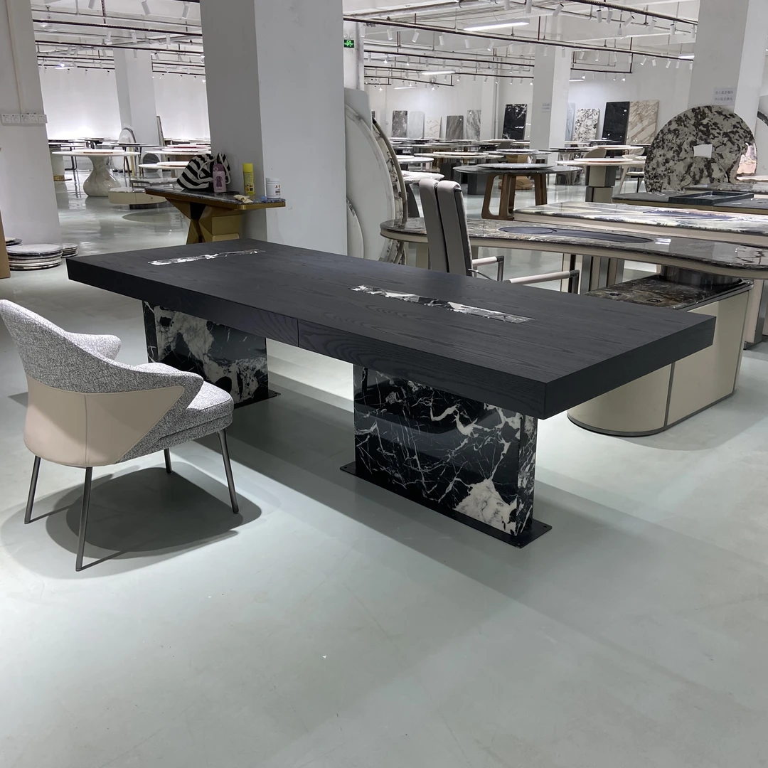 极简家用烟熏色奢石茶桌干泡台茶桌创意简约办公室茶桌椅长方形