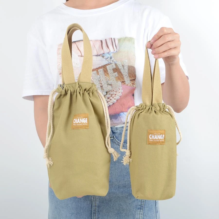 帆布水杯手提袋可携式保温杯袋焖烧壶套通用大肚杯束口袋双层有暗