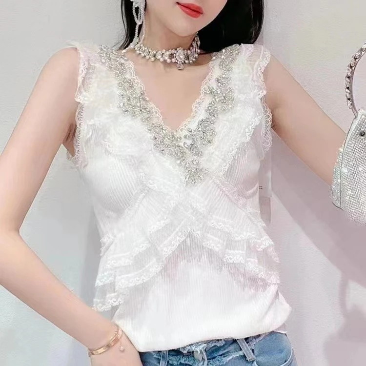 法式重工钉珠V领针织背心女春夏新款修身蕾丝拼接打底上衣659