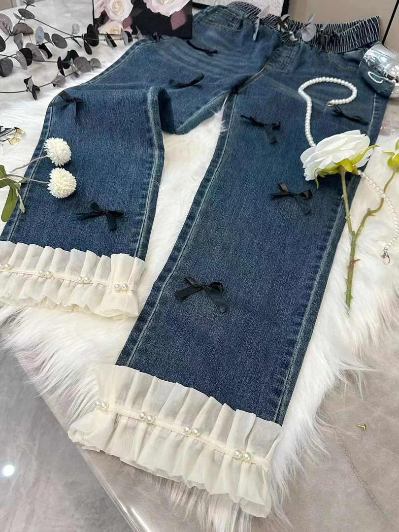 复古蝴蝶结花边拼接钉珠高腰牛仔裤女早春修身显瘦弹力直筒裤1801