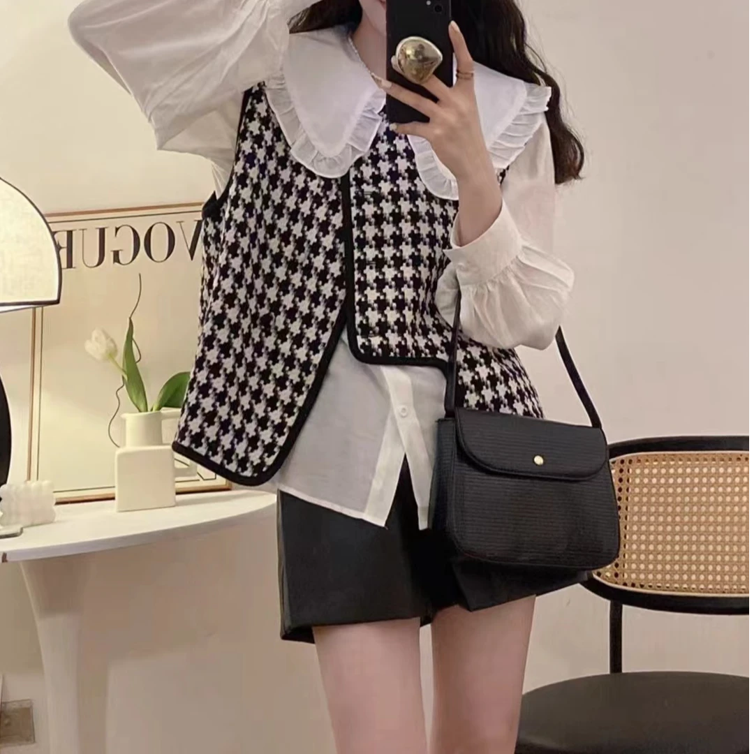 大码胖mm2024早秋季小香风衬衫不规则格子马夹两件套女