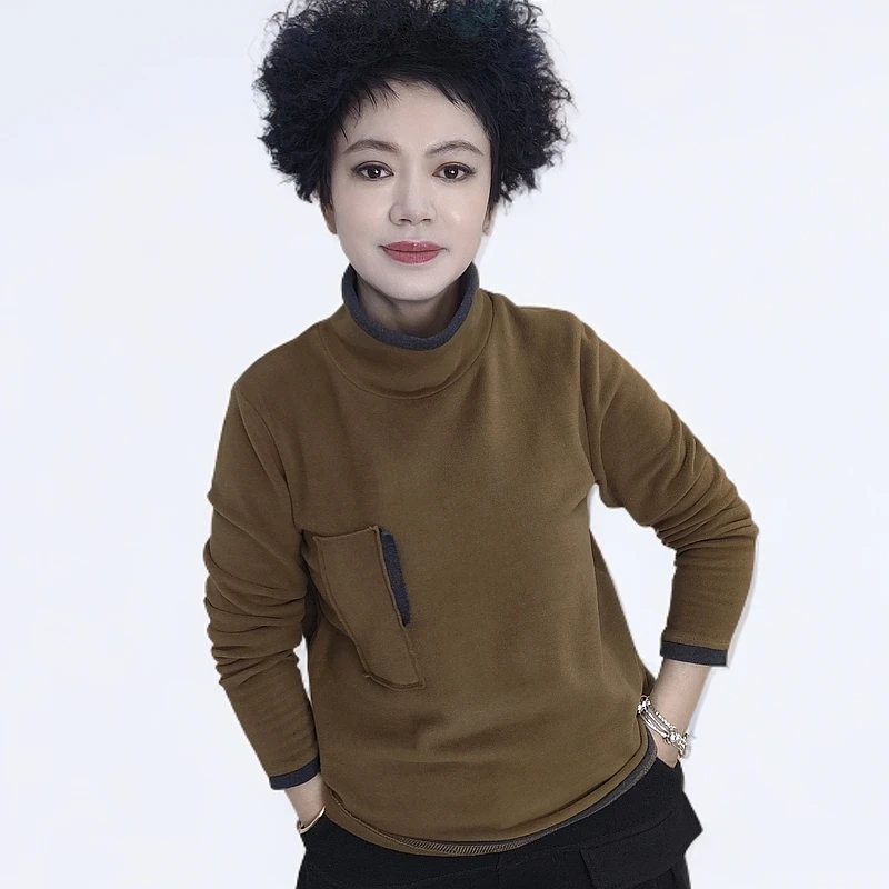 82182双面德绒打底衫拼色大码休闲时尚网红秋冬保暖长袖百搭女士