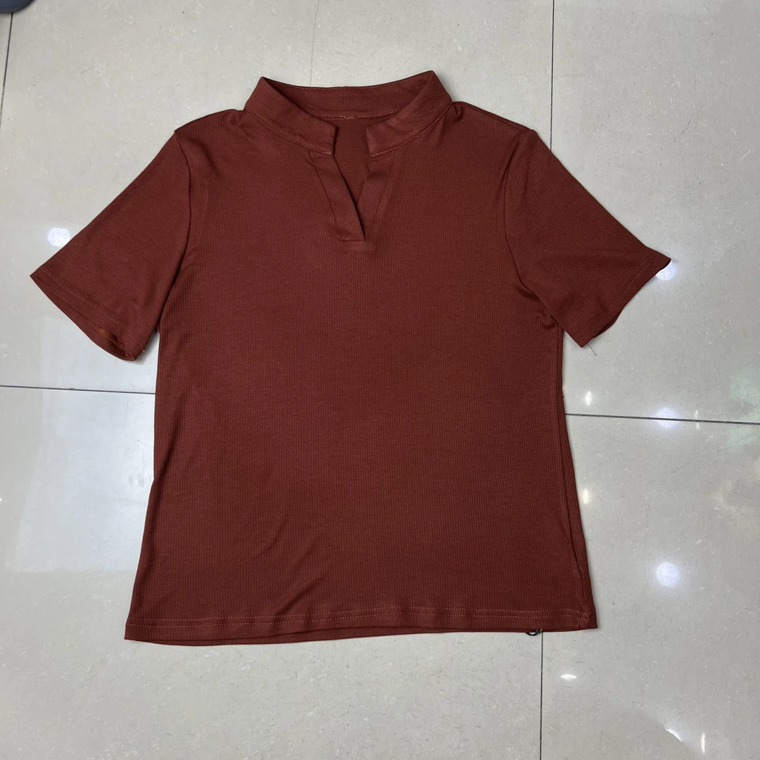 W67h014# 时尚百搭休闲女士纯色简约通勤亲肤透气日常立领短袖T恤