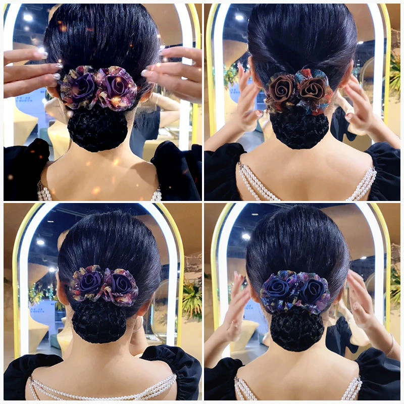 气质弹簧发夹女成人后脑勺丸子头盘发卡网兜中年头花