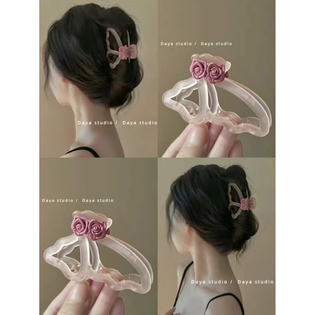 玫瑰与蝴蝶之间~超仙法式复古亚克力镂空花朵抓夹小众气质鲨鱼夹