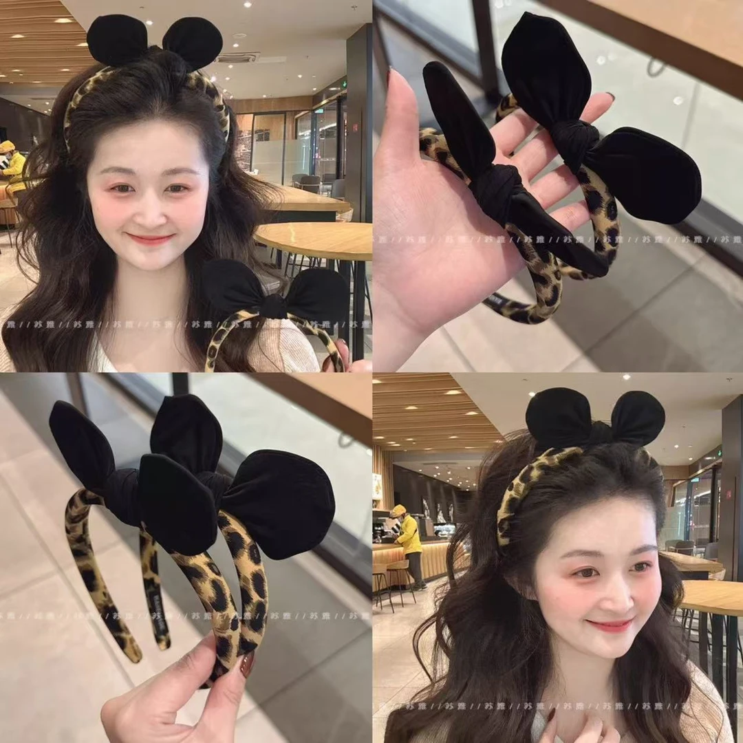 可爱立体兔耳朵蝴蝶结发夹豹纹海绵发箍女2024新款高颅顶洗脸头箍