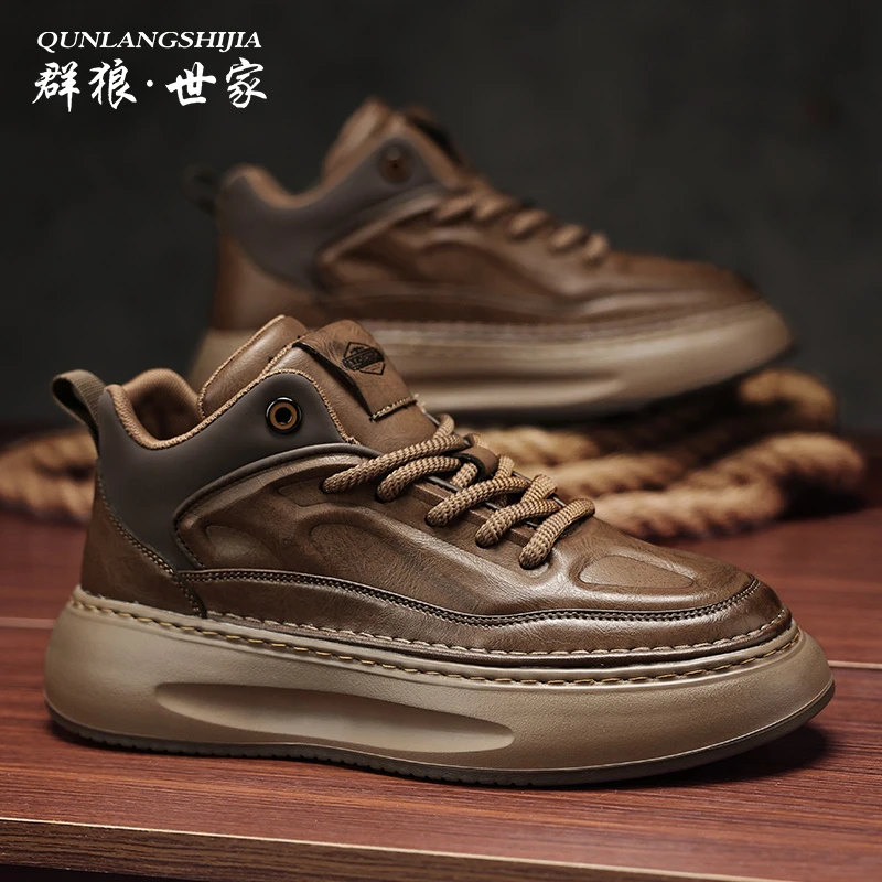 群狼·世家青春潮流高帮休闲鞋防水潮流板鞋纯色休闲风休闲皮鞋