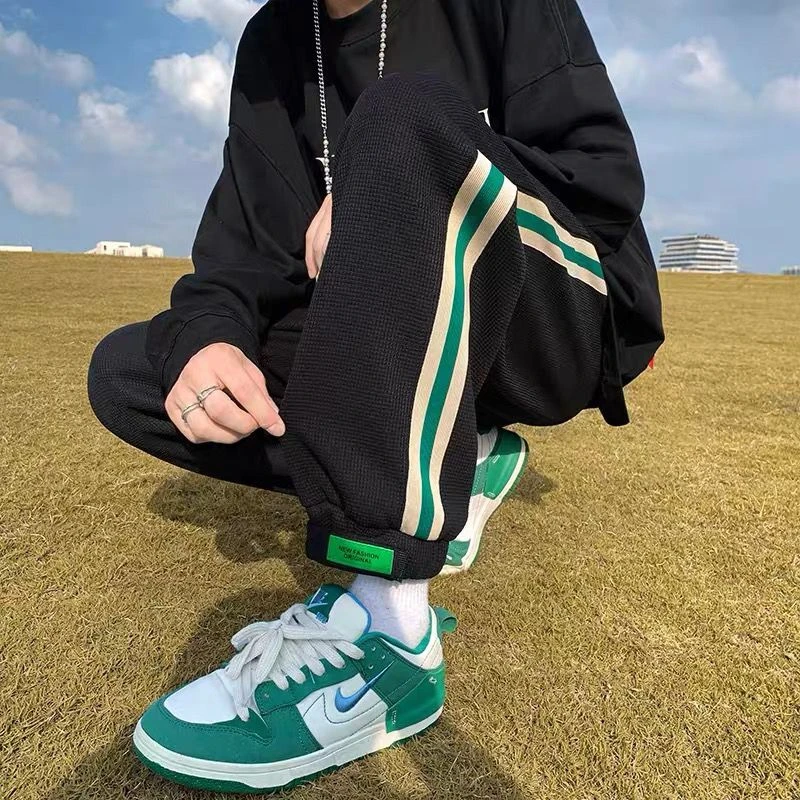 华夫格裤子男春秋夏季织带魔术贴束脚卫裤美式街头风休闲运动长裤