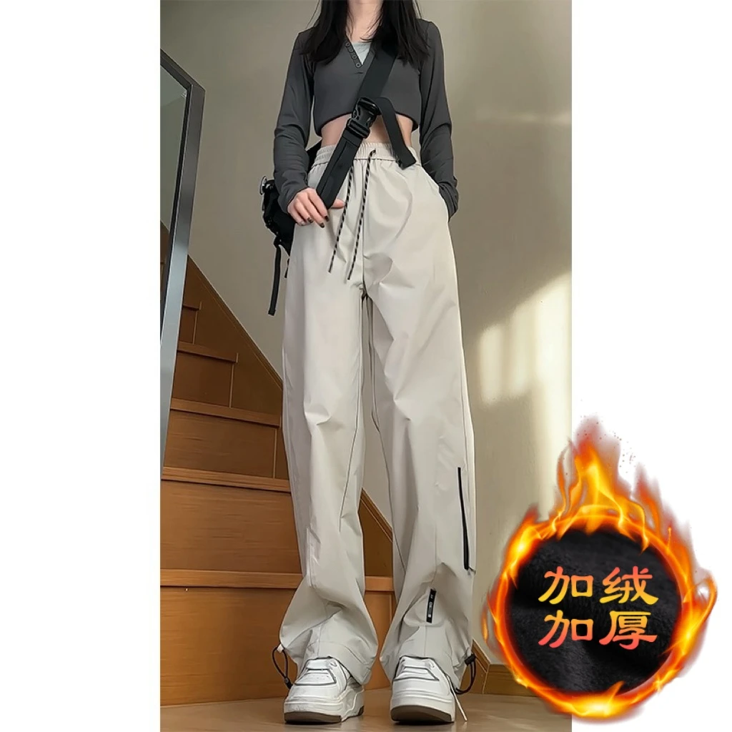 加绒加厚软壳冲锋裤男秋冬美式潮牌宽松直筒大码户外防水防寒裤子