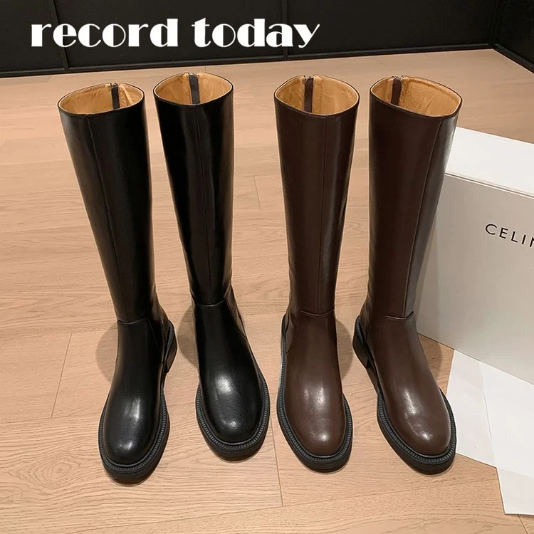 牛皮跟4Cm复古真皮骑士靴女棕色直筒高筒长筒靴子女厚底长靴女