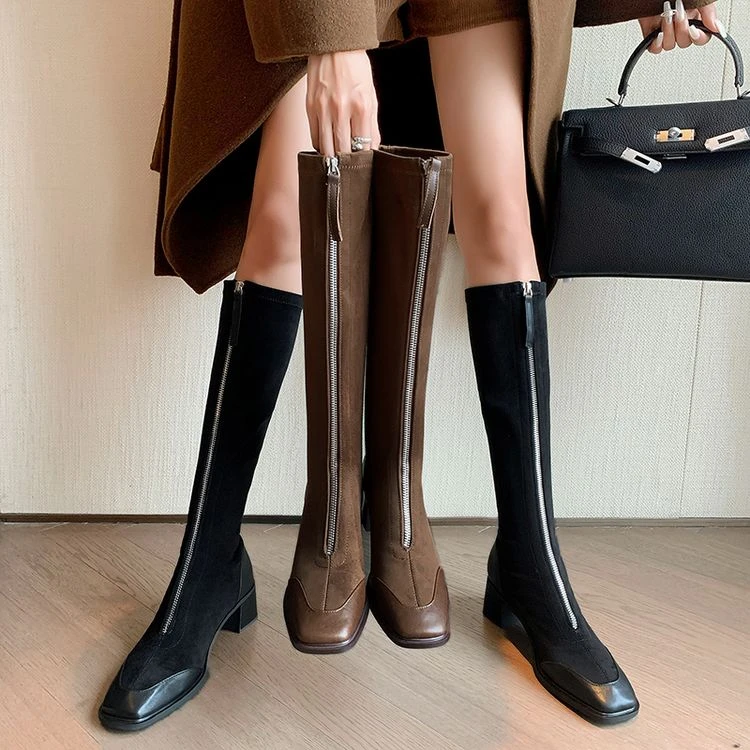 牛皮跟高5cm秋冬季高筒骑士靴小个子粗跟方头不过膝前拉链长靴