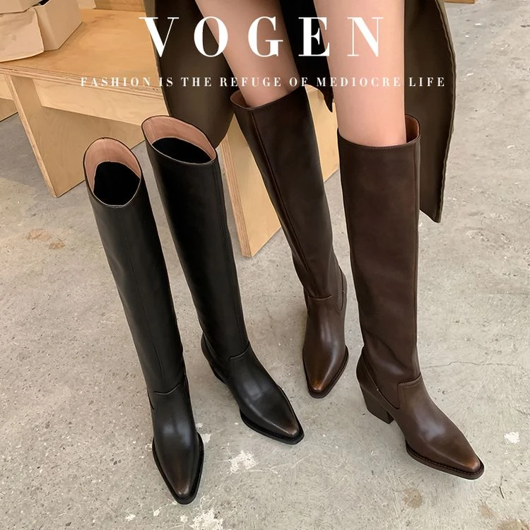 复古擦色西部骑士靴女秋冬新款粗跟尖头显瘦长靴不过膝高筒靴