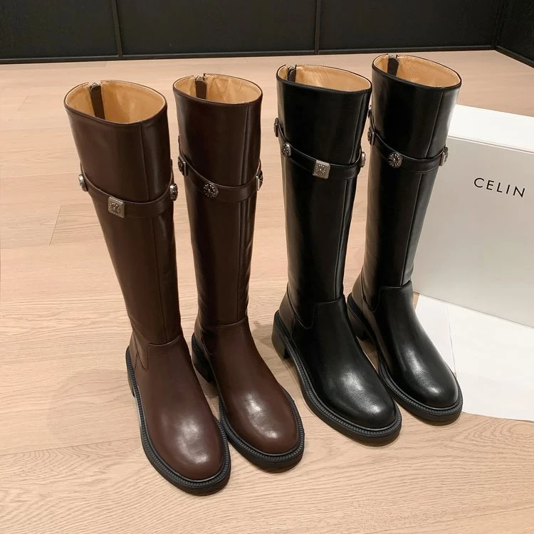 牛皮4Cm洋气百搭靴子女长筒靴2024新款不过膝骑士靴中跟