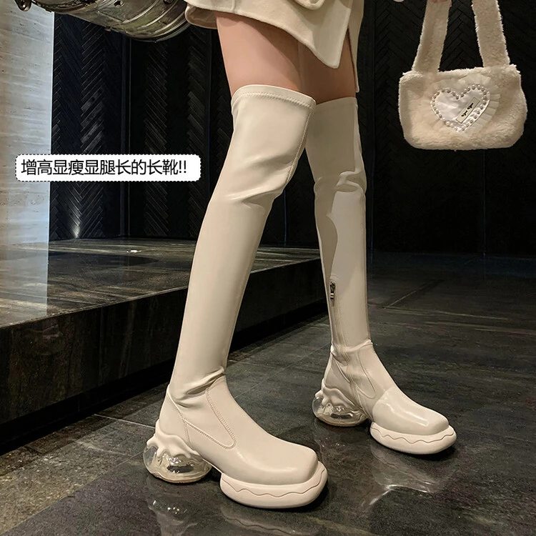 新款气质百搭气质时装靴2024年冬季时尚松糕底纯色过膝长靴