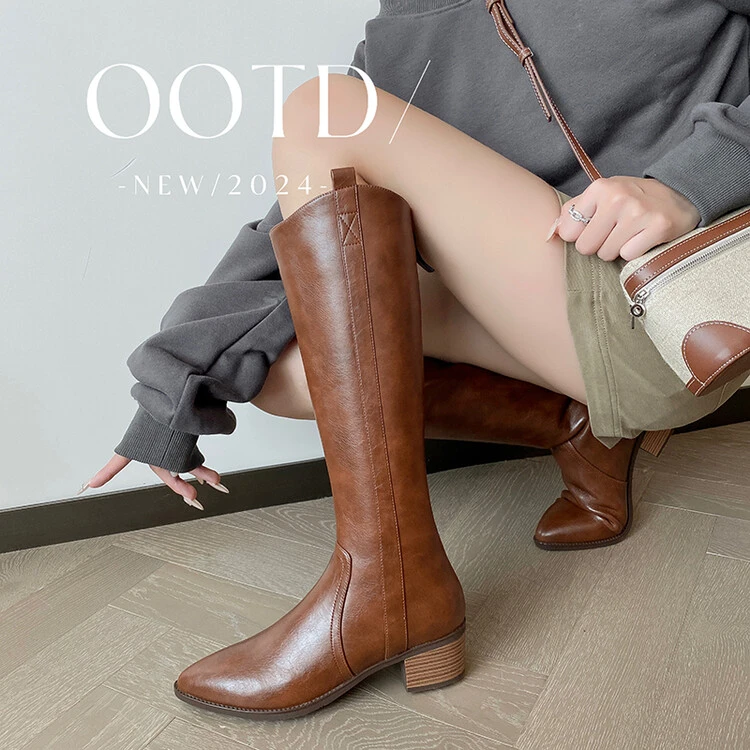 复古真皮西部牛仔靴尖头V口长靴女秋冬新款高跟骑士靴粗跟高筒靴