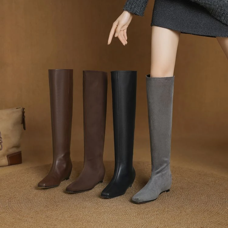 牛皮4.5cm内增高长靴女过膝靴高妹皮靴直筒宽松骑士靴及膝靴