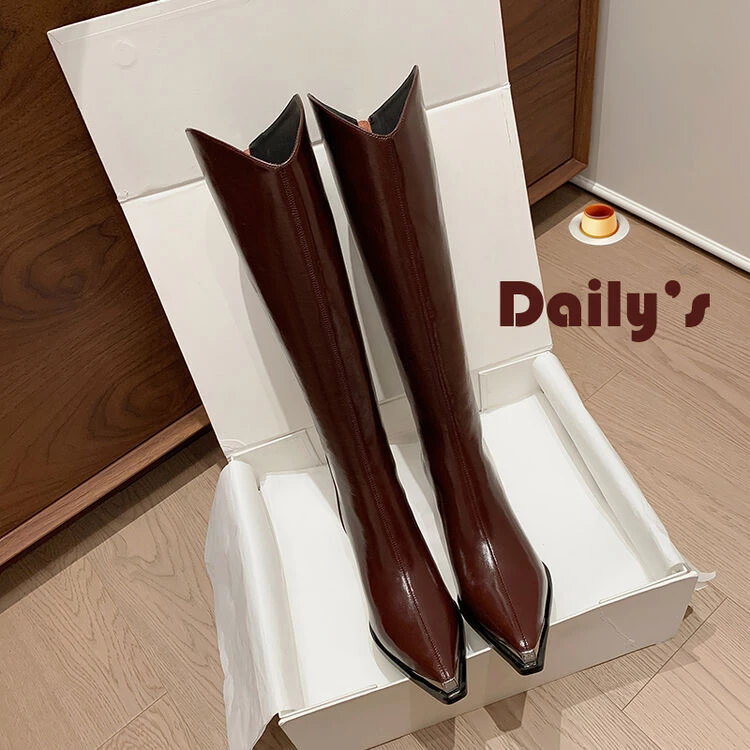 牛皮/6厘米百搭秋冬新款安可拉红时尚尖头防踢粗跟V口显瘦长筒