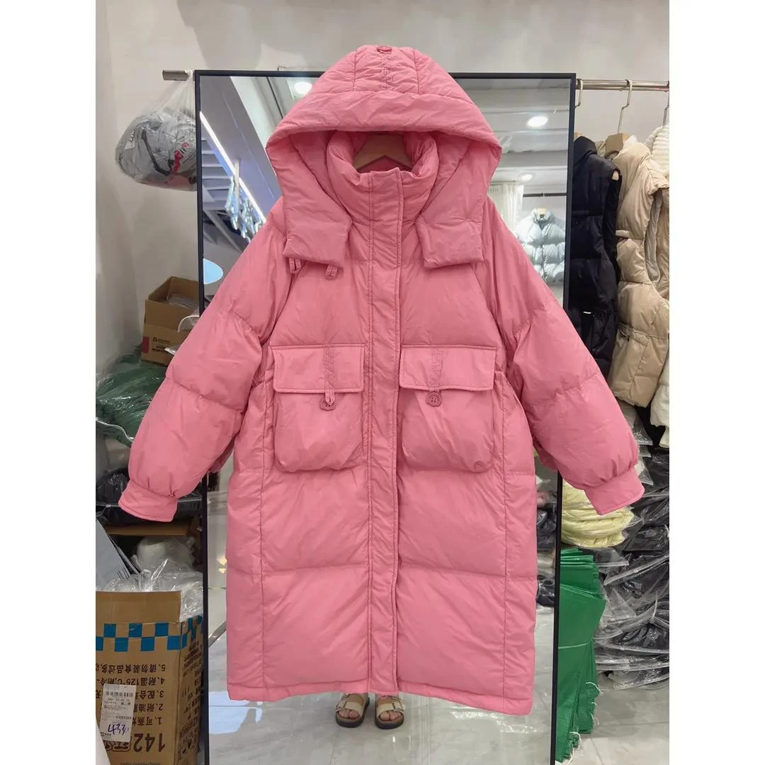 清廷心2023年韩版反季新款羽绒服女中长款连帽白鸭绒过膝加厚宽松